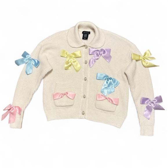Sweet Society Sweaters - Sweet Society Sweater Womens Medium Pastel Satin Bows Coquette Pearl Button Knit